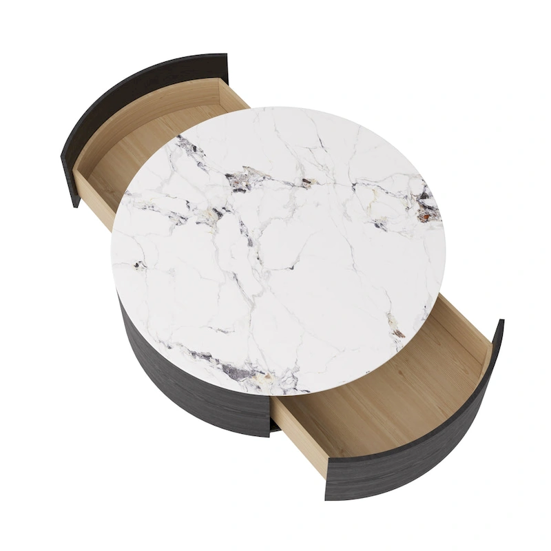Modern Drum Coffee Table with Oak Veneer, Sintered Stone Coffee Table with 2 Solid Wood Drawers