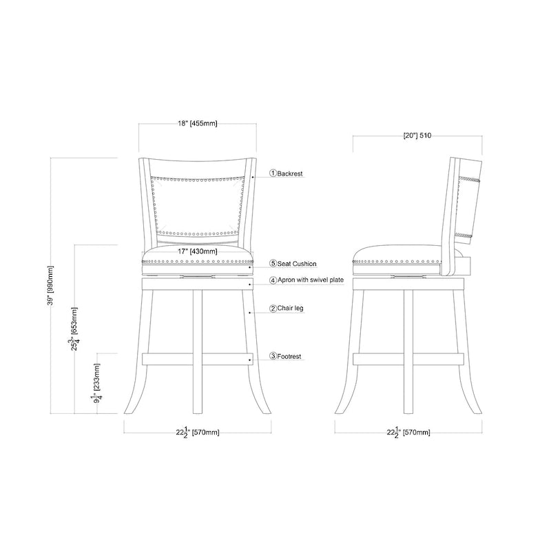 High Back Swivel Counter Stool with Linen Cushion and Wood Frame