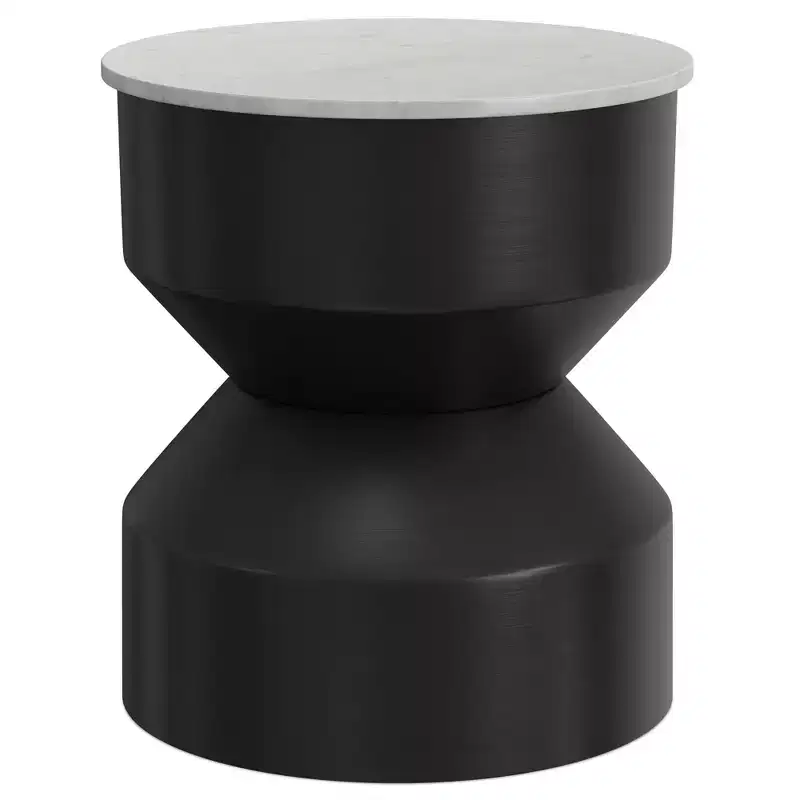 16 inch Wide Genuine Marble Top Modern Metal End Table in Black/White, Assembled