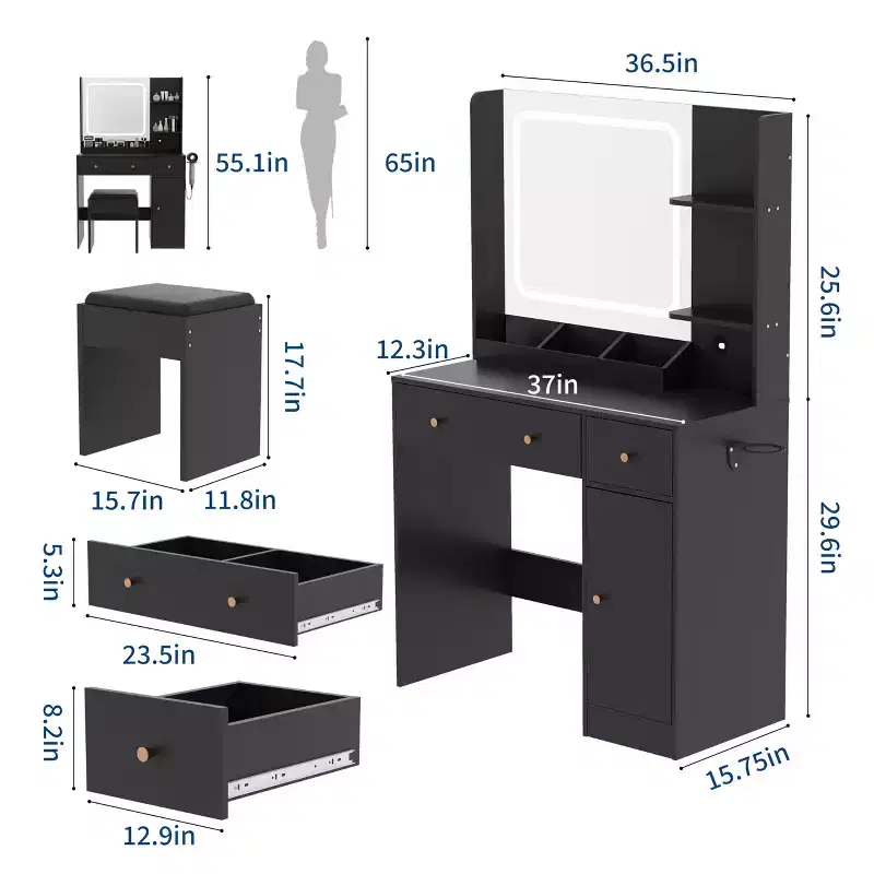 Makeup Vanity Table with Mirror, Hair Dryer Holder, Storage Drawers & Upholstered Stool for Bedroom