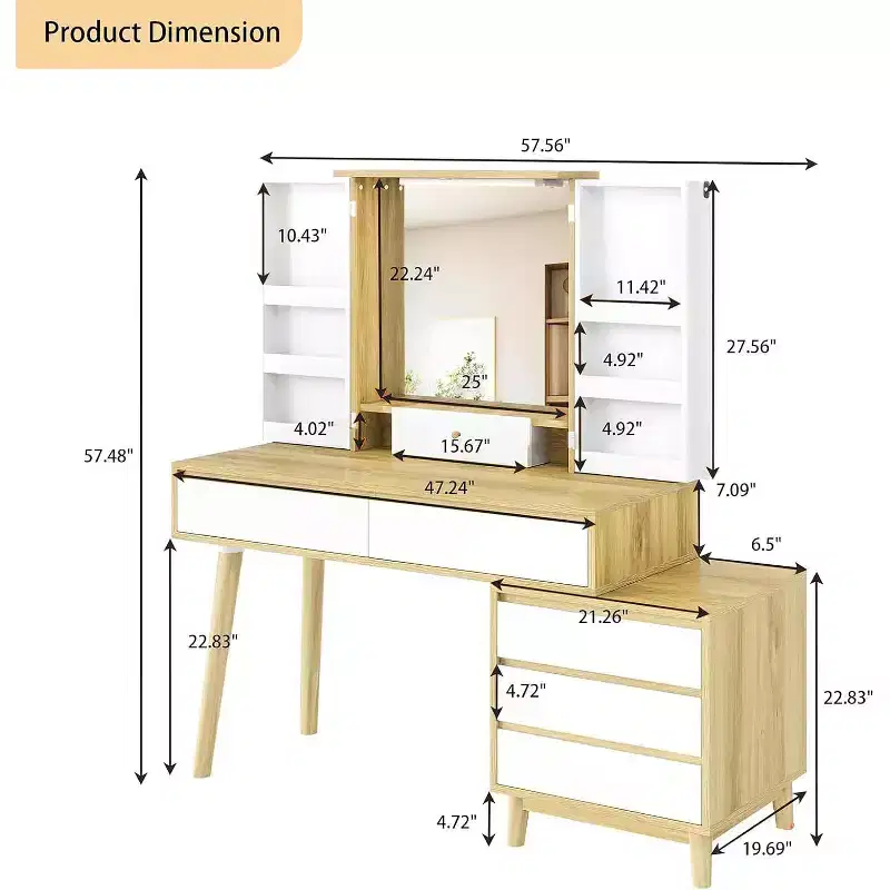 Vanity Desk with Mirror, 6 Drawers, Storage Cabinet and Stool, Modern White & Oak for Bedroom