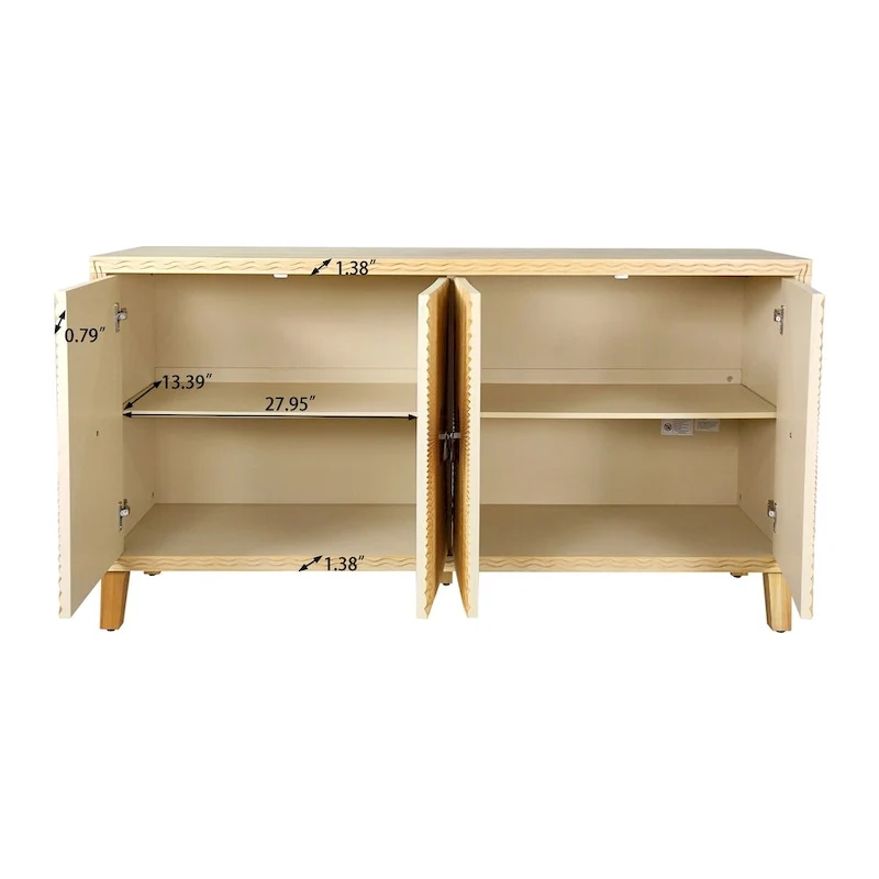Vintage Natural 4-Door Storage Cabinet with Carved Pattern, Adjustable Shelves, and Large Buffet for Living Room