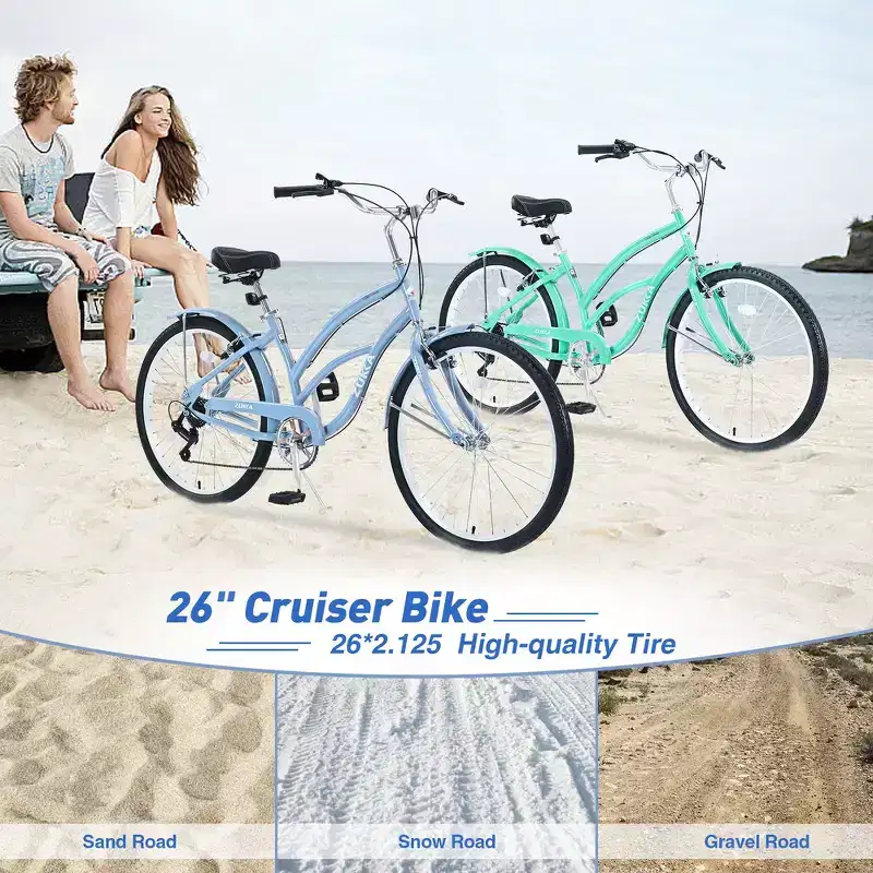 Whisen 26 Adult Women Outdoor Bikes, Beach Cruiser Bike with Steel Frame Low Swooping Frame, 7-Speed Gear