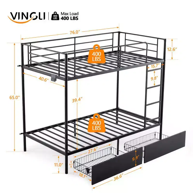 Karl Home Black Metal Twin Over Twin Bunk Bed with 2 Drawers and Charging Station