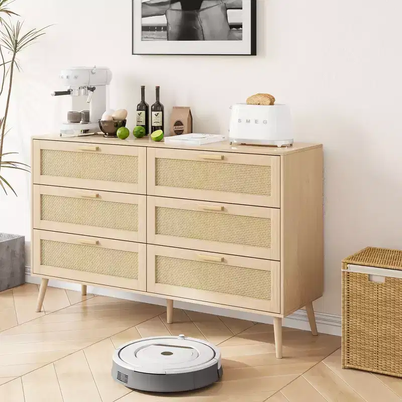 Modern Rattan Dresser for Bedroom with 6 Wide Drawers and Wood Handles, Chest Closet Storage Cabinet Organizer for Living Room Hallway Entryway