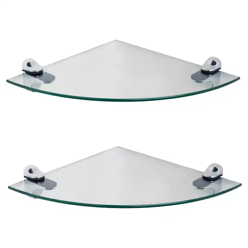 Clear Glass Corner Floating Shelves, Chrome Brackets – Set of 2