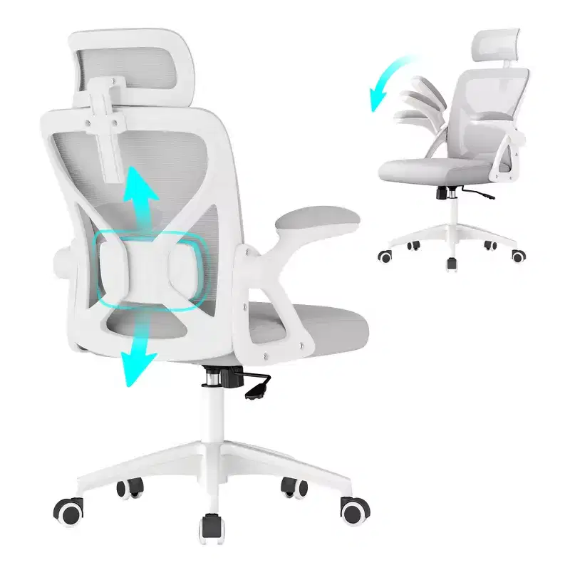 VASAGLE Ergonomic Mesh Office Chair with Adjustable Lumbar Support and Headrest, 90-105 Tilt Function, Wide Seat, FlipUp Armrests