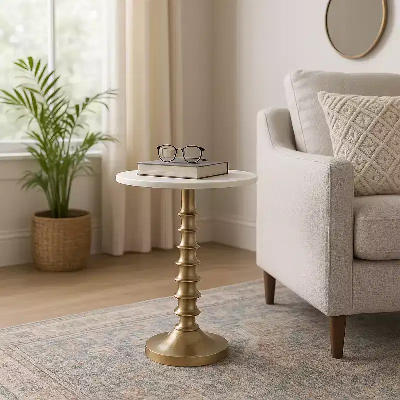 Glam End Table, Side Table, or Night Stand for Room Decor - Marble Top with Ribbed Base Design for Bedroom or Living Room Decor - 22 White & Gold