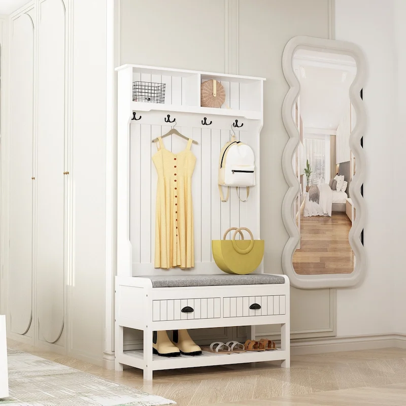68.5H Hall Tree with Bench and Shoe Storage White/Black/Grey