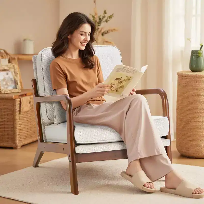 Summit Adventure Mid Century Modern Accent Chair with Arms Waist Cushion Solid Wooden Frame Cream Lounge Chair
