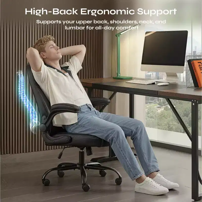 Pinmoco Ergonomic Executive Computer Desk Chair with Double-Layer Cushion, Gaming Chair with Wheels and Flip-Up Armrest, PU Leather