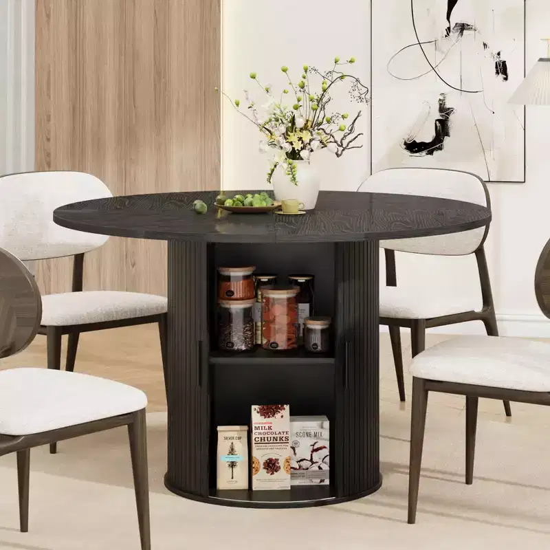 47 Round Dining Table for 4 People, 2-Tier Storage Shelf & Wooden Slide Door, Kitchen Dinner Table for Home, Dining & Living Room