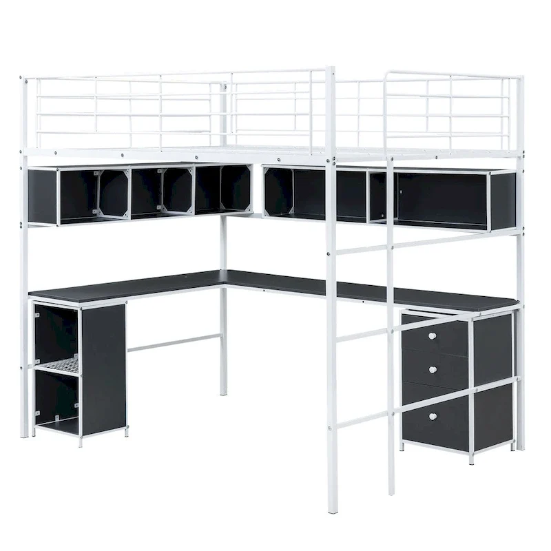Metal Loft Bed with bookcase, desk and cabinet, Full, Black
