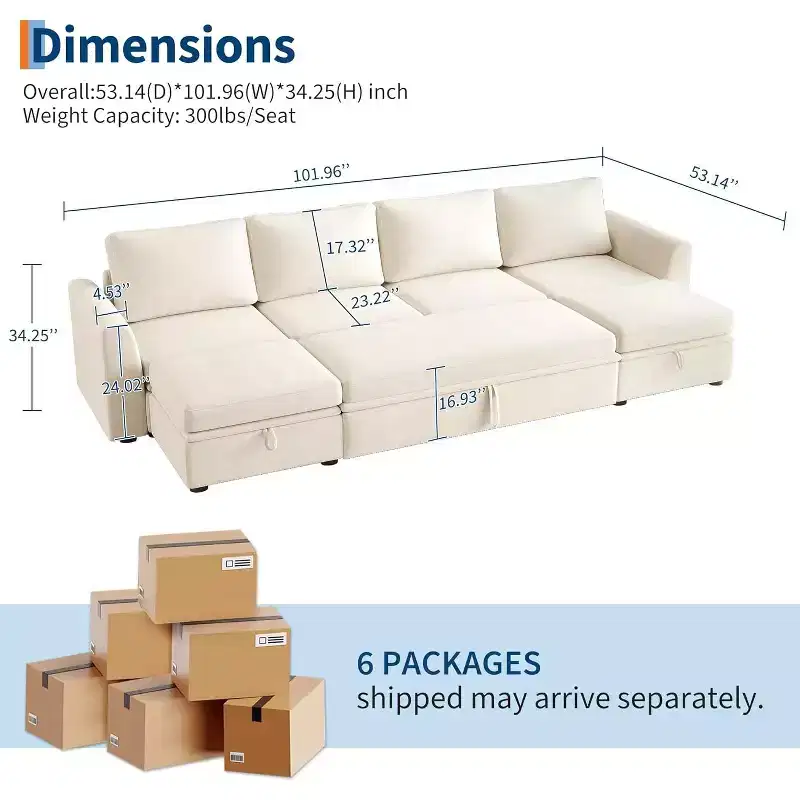 Acekool Chenille Modular U-Shaped Sectional Sleeper Sofa with Pull Out Bed, Storage Seats & Ottoman, Convertible Couch for Living Room