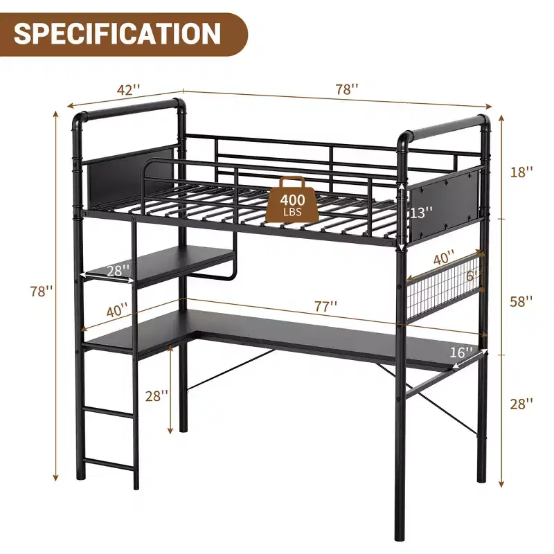 Twin Loft Bunk Bed with L-Shaped Desk, Metal High Loft Bed with Guardrail & Ladder, Space-Saving Workstation for Kids, Teens, Adults