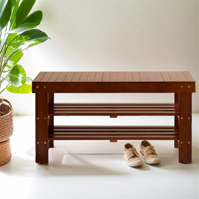 Wood Shoe Bench with Shelf and Legs