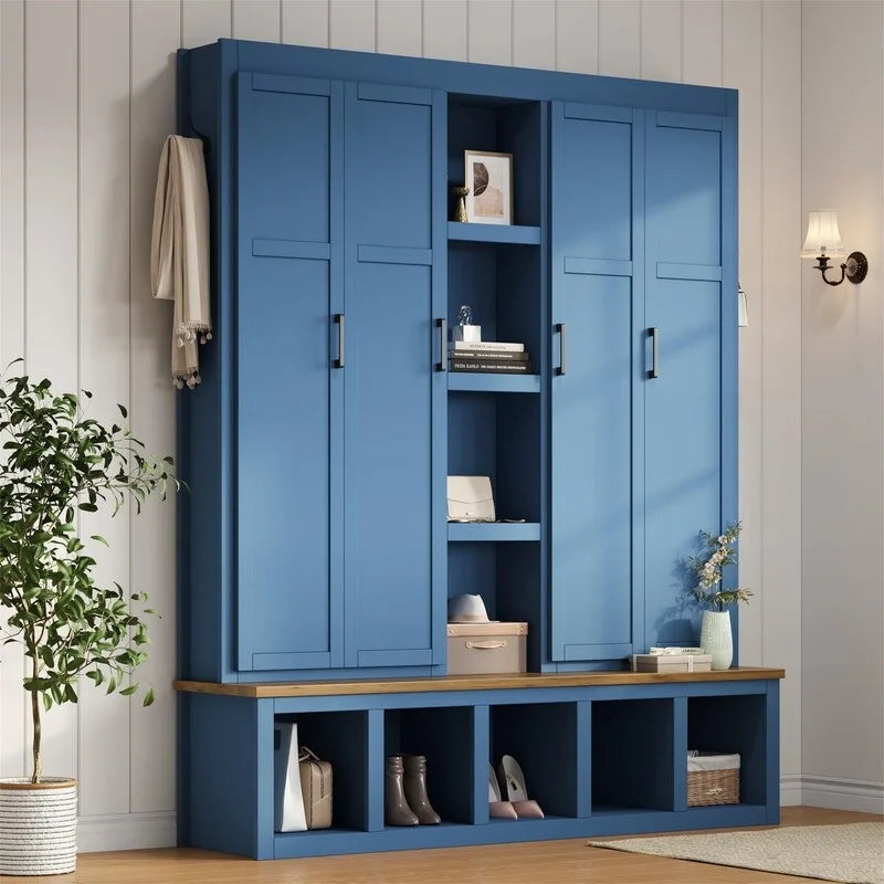 Farmhouse 4-in-1 Hall Tree with Open Display Shelves, Mudroom Shoe Bench with Open Compartments, Entryway Coat Rack with 6 Hooks