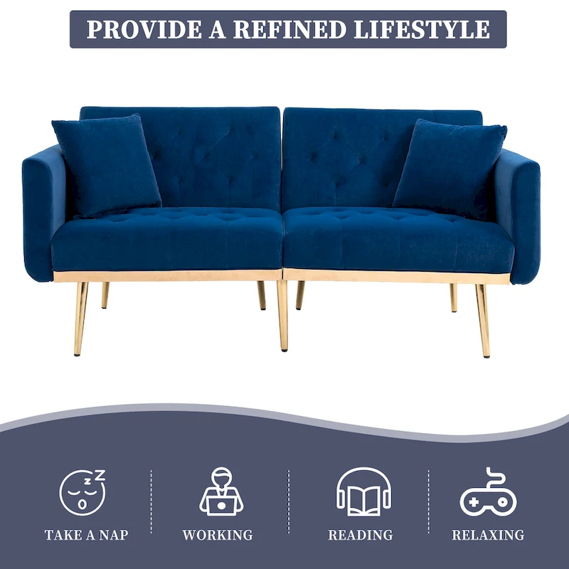 Velvet Upholstered Tufted Loveseats Sleeper Sofa With Rose Golden Legs