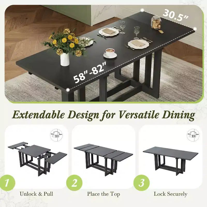 GDFStudio Ebony 82 Extendable Rubberwood Dining Table with Two 12'' Removable Leaves and Trestle Legs