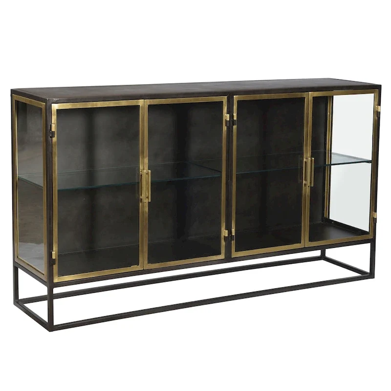 Gunmetal & Brass Black 4-Door Glass Sideboard, Industrial Style