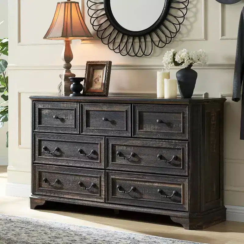 54 Farmhouse 7 Drawers Dresser for Bedroom, Vintage Design Wide Wood Rustic Chest of Drawers for Living Room, Hallway
