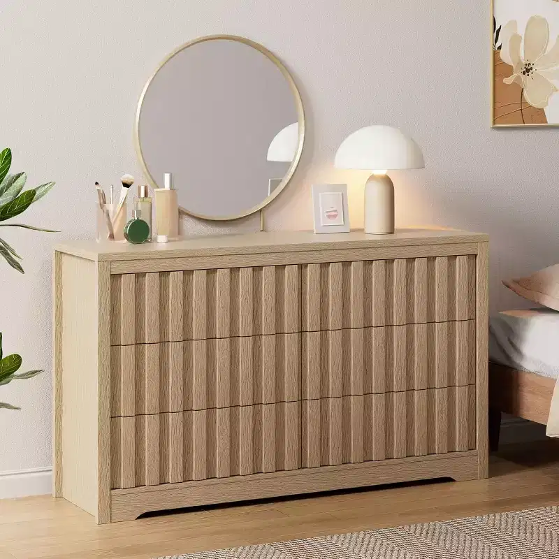 MDF & PB 6-Drawer Dresser with Wave-Groove Panel 54''L x 31.5''H Natural Finish
