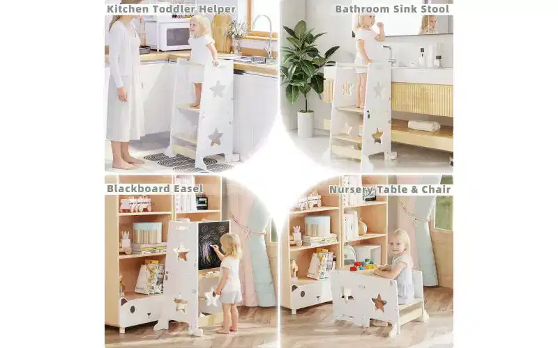 3-in-1 Toddler Kitchen Step Stool, Foldable Learning Tower with Blackboard, Convertible Kids Table and Chair, Wooden Helper Stool, White