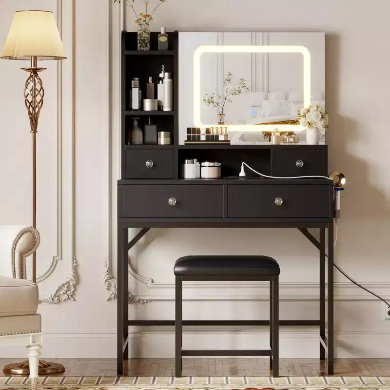 Vanity Desk with Mirror, 3 Adjustable Lighting Mode Makeup Vanity, Modern Dressing Table and Stool with Charging Station