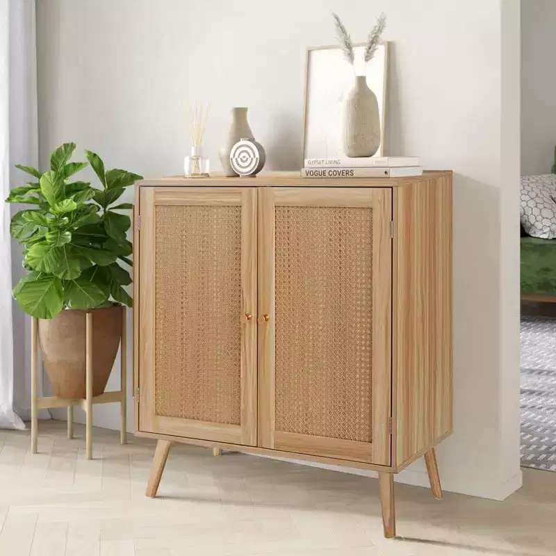 Rattan Buffet Cabinet with Storage, Adjustable Shelves, Wood Feet, Entryway Storage Cabinet, for Dining Room, Hallway, Entryway