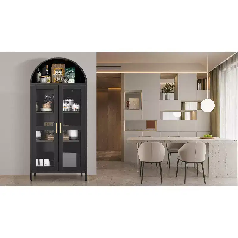 73 Inch High Arch Storage Cabinet with Glass Door and Adjustable Shelves, Kitchen/Dining/Living Room Display Bookshelf Organizer