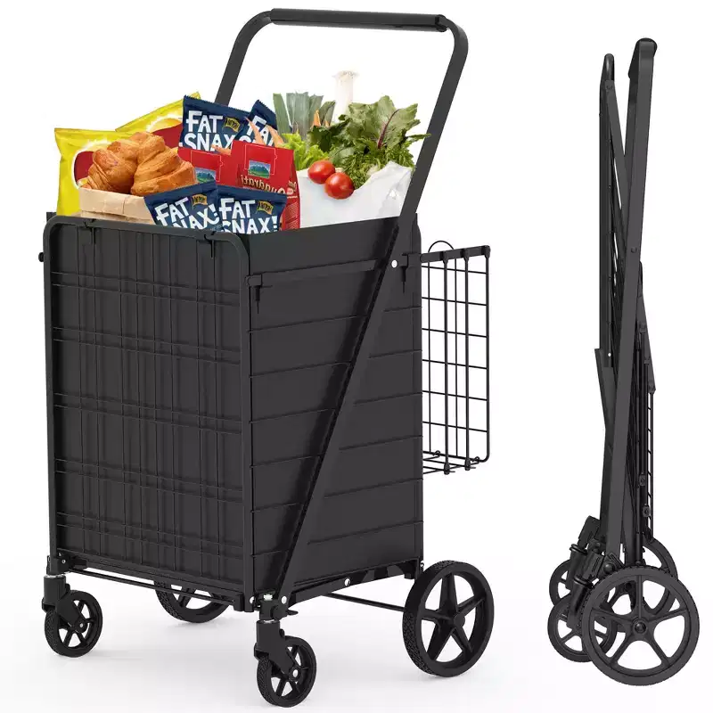 Foldable Heavy-Duty Shopping Cart with Tall Handle, Dual Baskets and Waterproof Liner