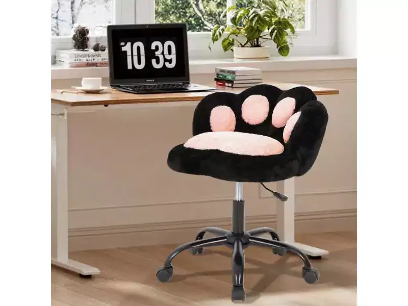 Vanity Chair with Cat Back, Height Adjustable Swivel Chair, Cute Teddy Fabric Rolling Desk Chair for Bedroom Office