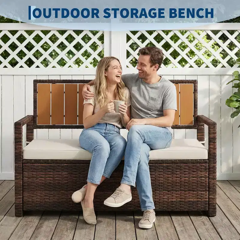 Outdoor Storage Bench with Cushion, PE Rattan Storage Box with Backrest & Armrests, Weatherproof Bench for Patio, Backyard