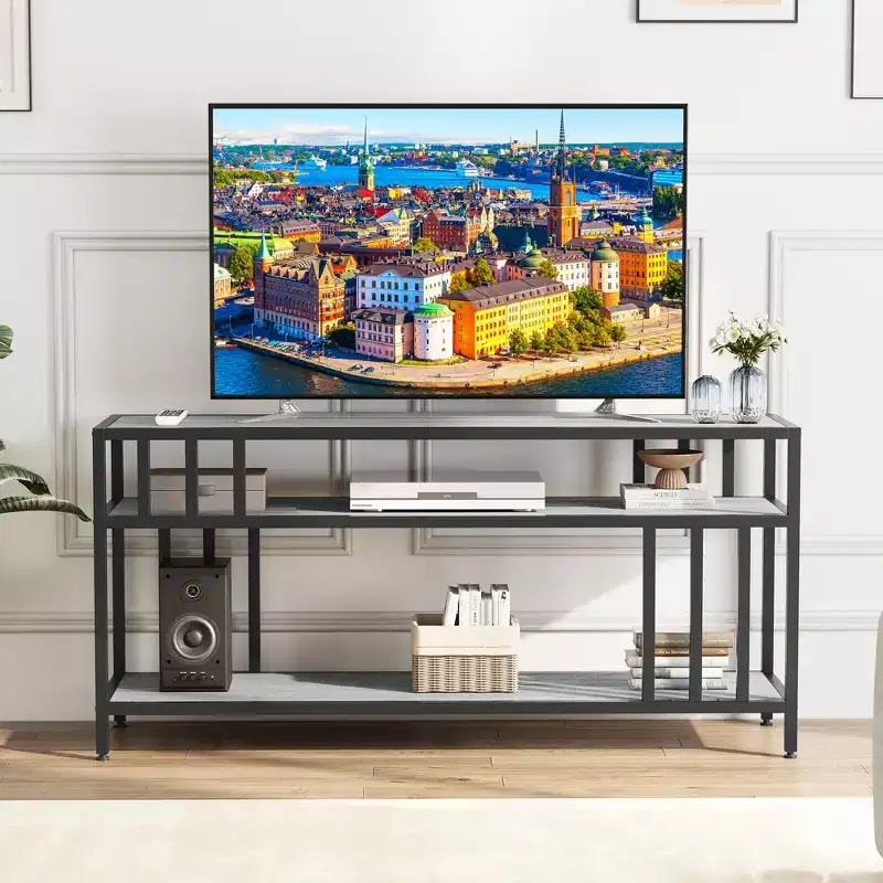 58 Rustic Brown TV Stand - for TVs Up to 65 Inches,Quadruple-Tube Support, Open Storage Shelves, Sturdy Entertainment Center for Living Room Bedroom