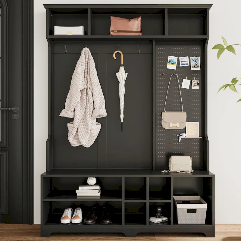 Multifunctional Hall Tree with Shoe Bench, Pegboard and Ample Storage