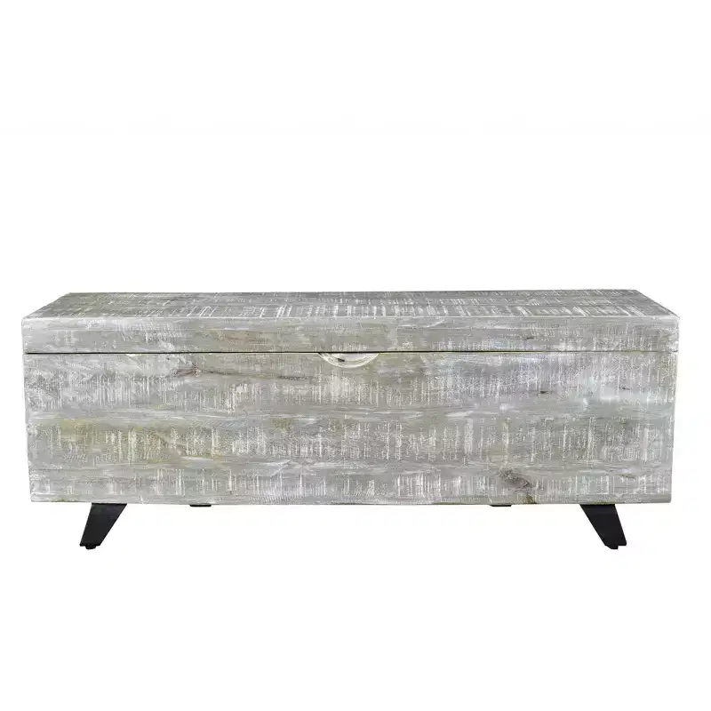 HomeRoots 46 Gray and Black Distressed Solid Wood Storage Bench with Flip Top