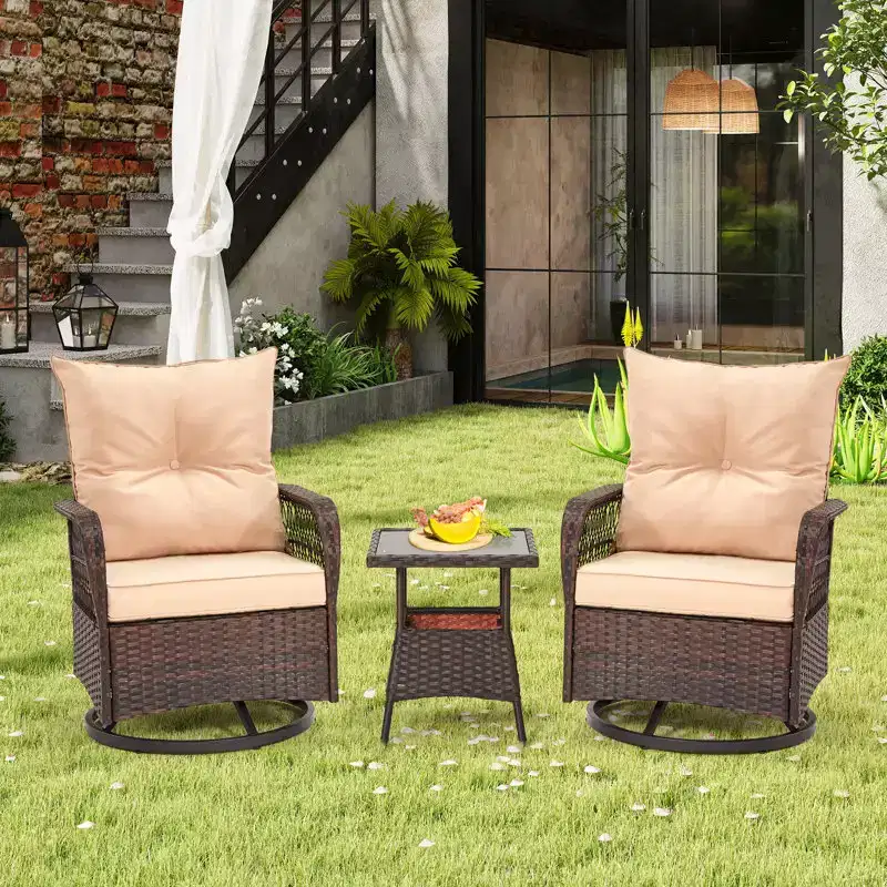 EROMMY 3 Pieces Patio Swivel Rocker Rattan Chairs, Outdoor Swivel Rocking Chairs With 1 Rattan Coffee Table, 360 Degree Swivel Patio Chairs For Lawn