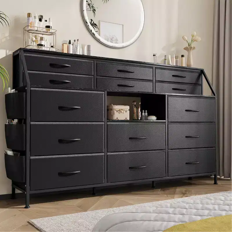 GustoWave Dresser for Bedroom with 14 Drawers, 55 W Dresser with Side Pocket, Fabric Dressers & Chests of Drawers with Shelves, Wood Top