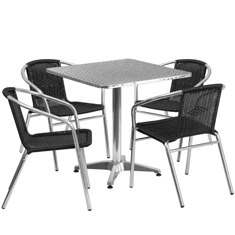 Emma and Oliver 27.5 Square Aluminum Garden Patio Table Set with 4 Rattan Chairs