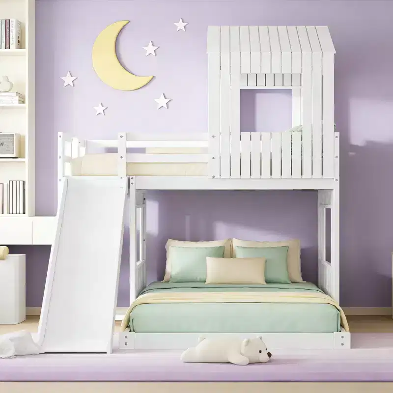 Luxystar Twin Over Full Wood Bunk Bed with Playhouse, Slide and Guardrails