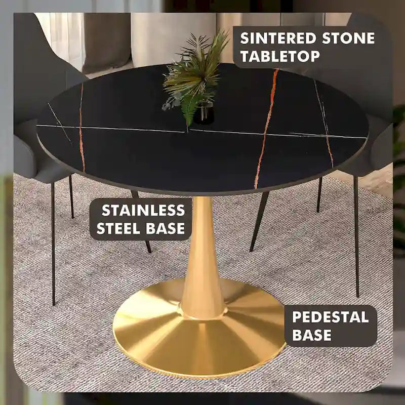 Round Dining Table 40 Sintered Stone Tabletop in Gold Steel