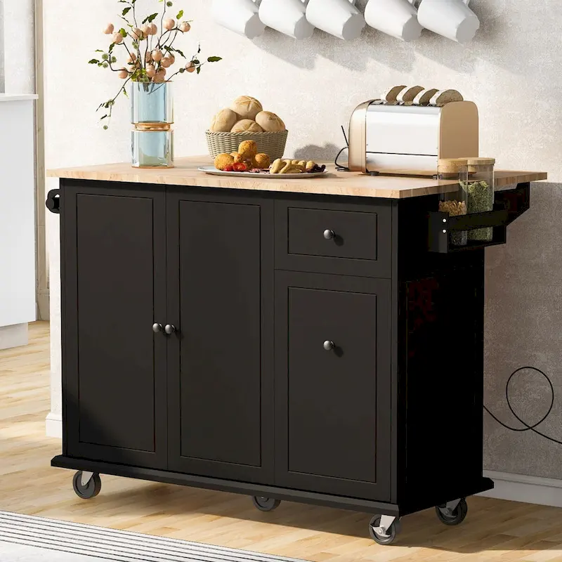 53.9 Width Rolling Kitchen Cart on Wheels with Internal Storage Rack and 3 Tier Pull Out Cabinet Organizer