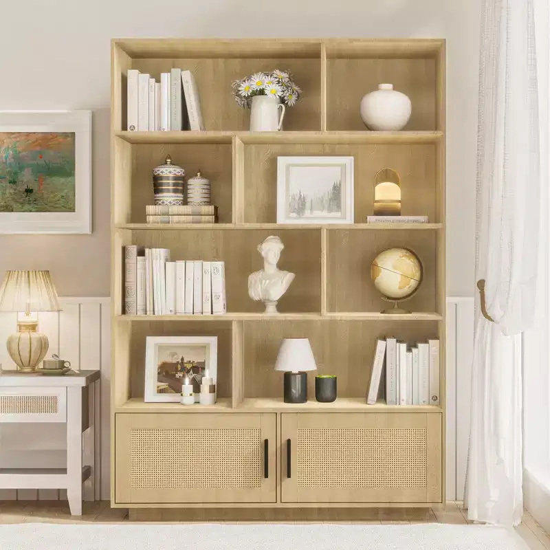 5-Tier Boho Bookshelf with Rattan Doors, Wooden Bookcase with Storage Cabinet, Tall Large Book Stand for Living Room