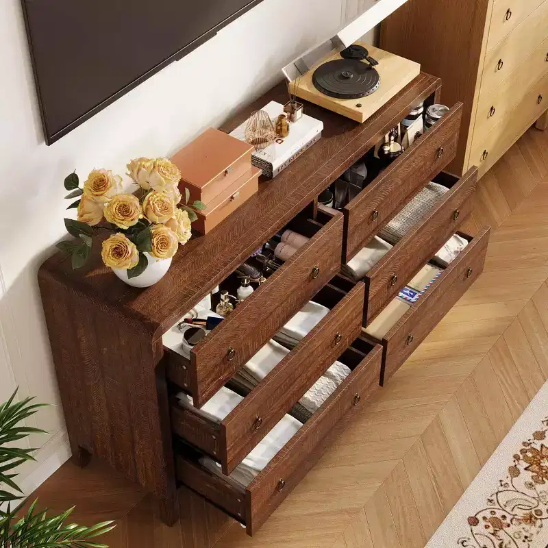 7-Drawer Modern Chest of Drawers – Wood Grain, Metal Handles, Rounded Edges