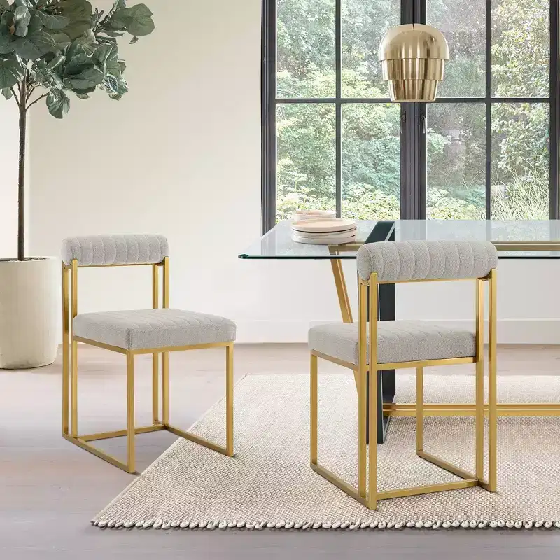 Armen Living Set of 2 Anastasia Brushed Stainless Steel and Fabric Dining Chairs