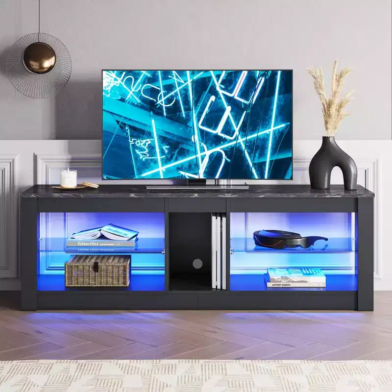 55 TV Stand for TVs up to 60 inch, Gaming Media Console for PS4, LED TV Cabinets Entertainment Center with Glass Shelves
