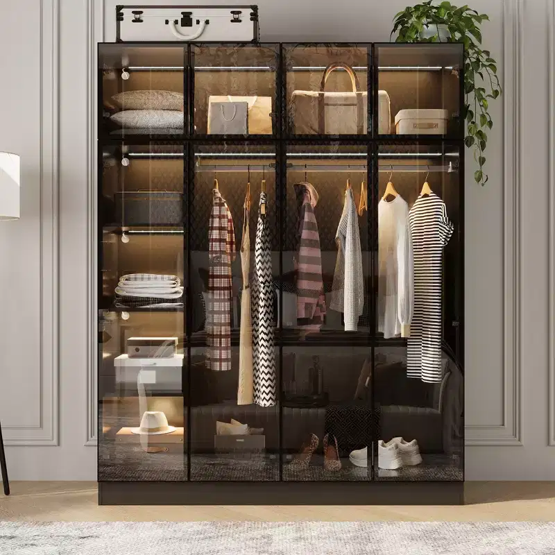 Hitow Pure Black Luxury Armoire with Tempered Glass Doors 3-Color LED Wardrobe Floor-to-Ceiling Bedroom Closet Organizer Dressing Room Closet