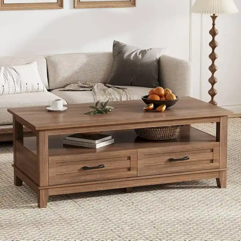 Farmhouse Coffee Table with Drawers and Open Shelf