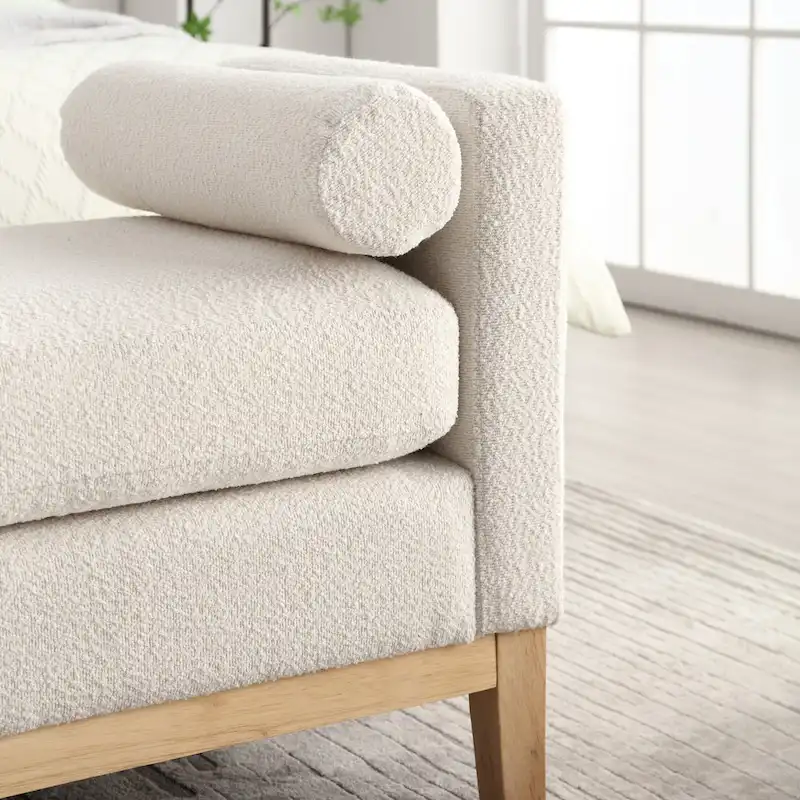 Modern Boucle Upholstered Bedroom Bench With Wood Legs,Entryway Bench