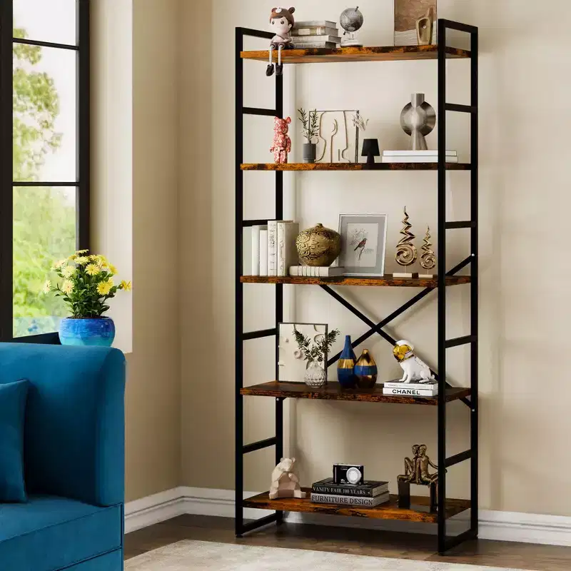 62.2 H x 23.6 W 5 Tiers Bookshelf, Tall Wooden Bookcase with Metal Frame, Modern Book Rack, Storage Shelves for Home Office